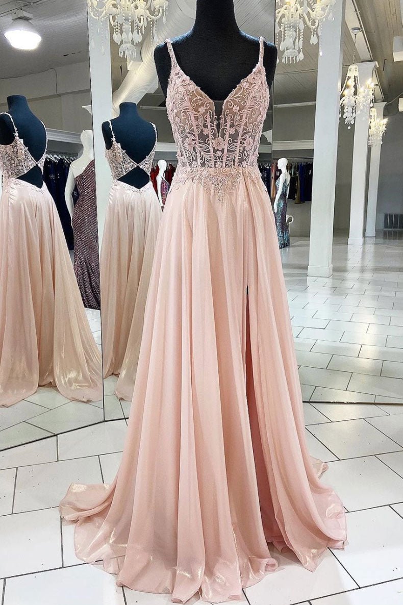 Pink v neck lace chiffon long prom dress, pink formal dress