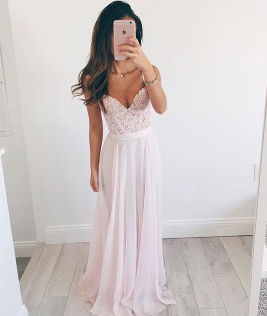Pink Sweetheart A-line chiffon lace long prom dress, formal dress