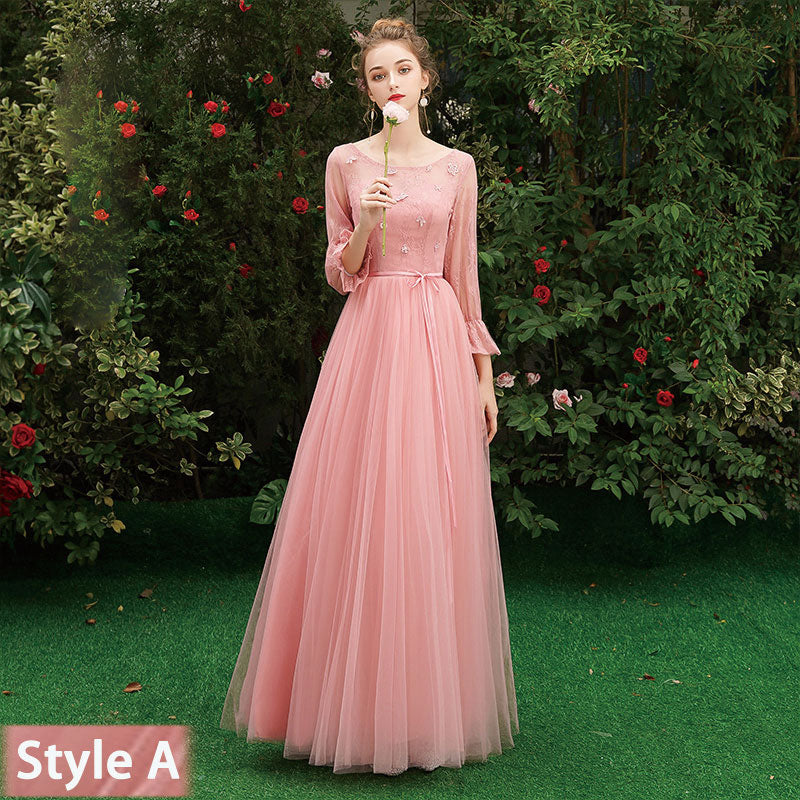 Dusty Rose Lace A-line Long Style Bridesmaid Dresses