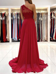 Red one shoulder chiffon lace long prom dress, red evening dress