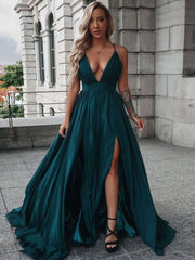 Simple green v neck long prom dress, green evening dress
