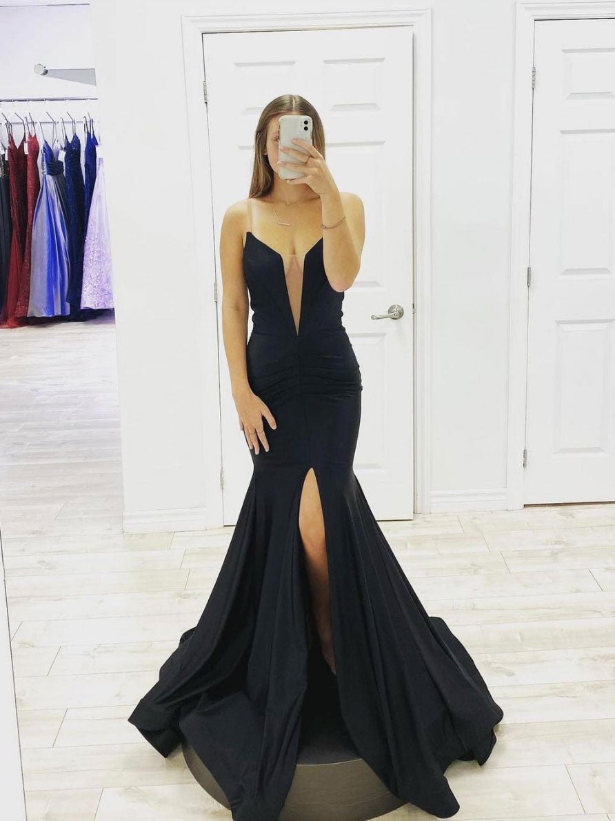 Simple Black satin long prom dress, black evening dress