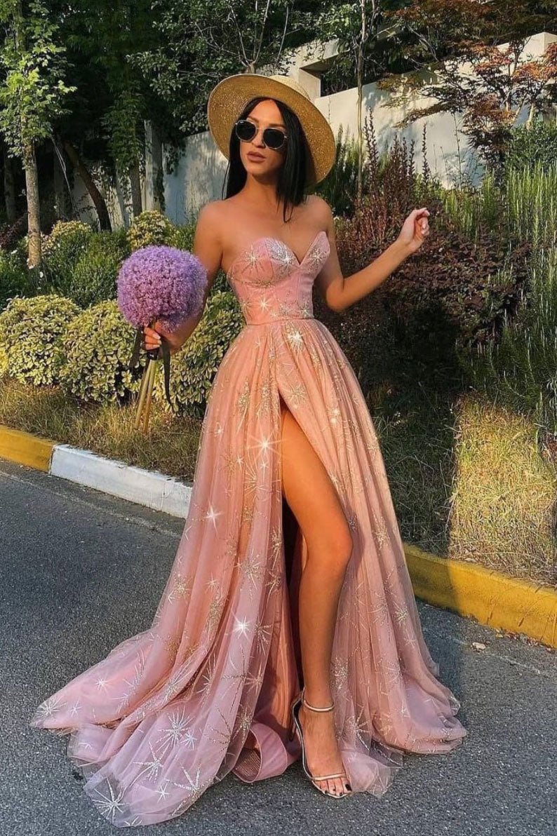 Pink sweetheart neck tulle long prom dress pink bridesmaid dress