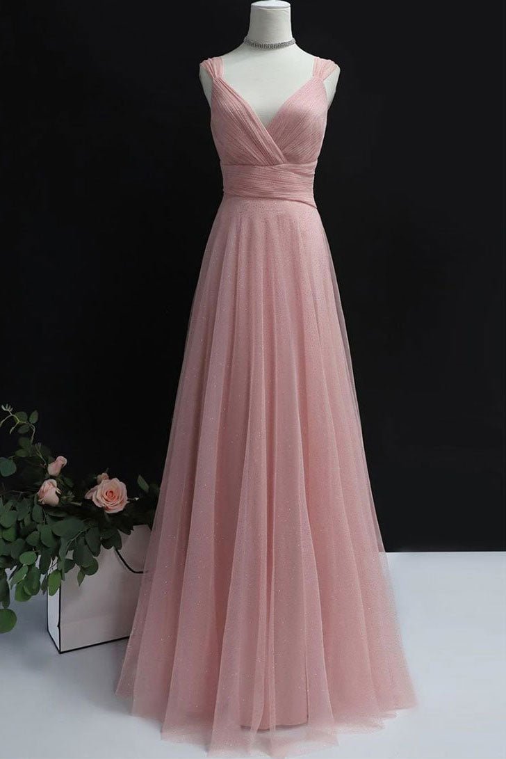 Simple pink tulle long prom dress pink tulle evening dress