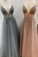 Elegant A line tulle lace long prom dress, tulle formal dress