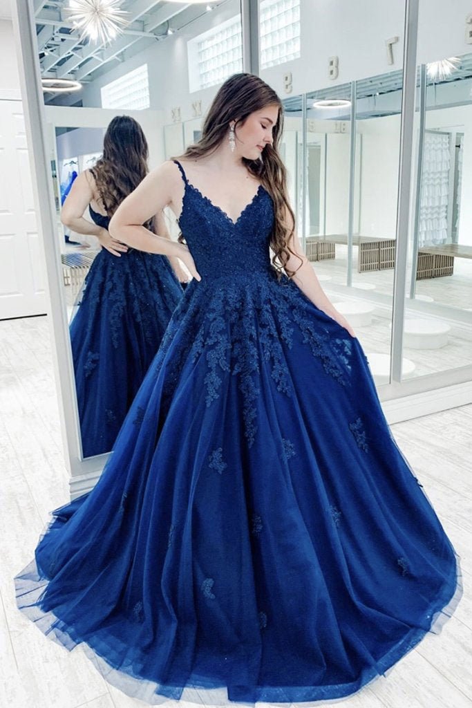 Blue v neck tulle lace long prom dress blue tulle bridesmaid dress