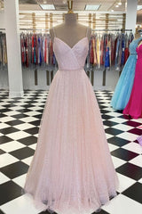 Pink v neck tulle sequin long prom dress pink tulle formal dress
