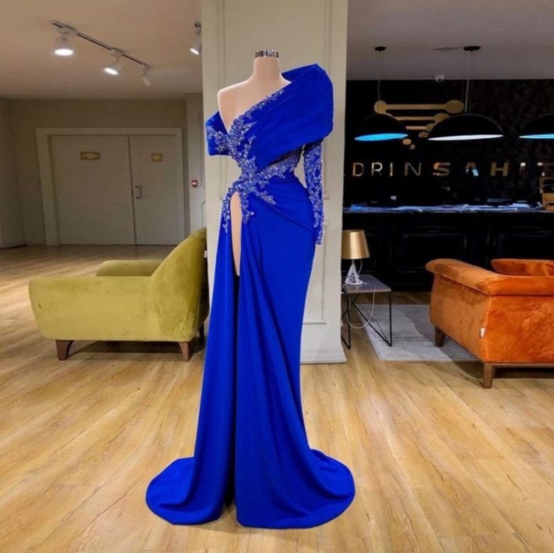 Elegant Royal Blue Evening Gowns Sexy High Slit Off The Shoulder Prom Dresses Appliques Beads Long Sleeve Mermaid Robe De Soiree