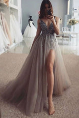 Gray tulle lace formal dress, gray tulle lace long prom dress