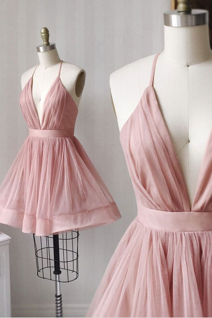 Simple v neck tulle pink short prom dress pink bridesmaid dress