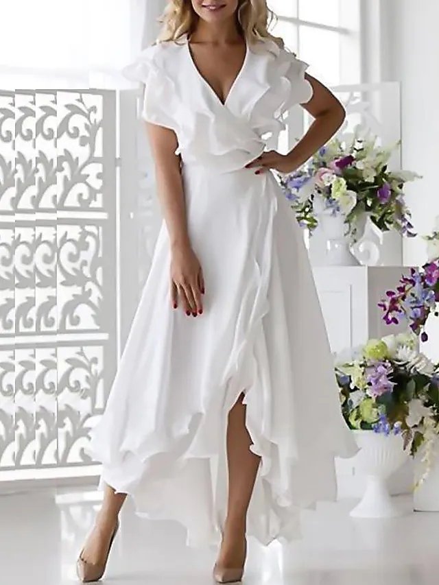 A-Line Mother of the Bride Dress Elegant V Neck Asymmetrical Chiffon Short Sleeve with Ruffles Split Front