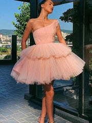 Pink tulle one shoulder short prom dress, pink homecoming dress