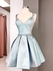 Simple blue v neck satin short prom dress, blue homecoming dress
