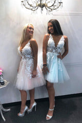 Cute v neck tulle lace short prom dress lace homecoming dress