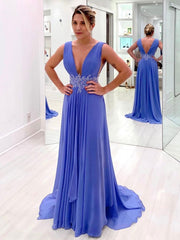 Blue v neck chiffon lace long prom dress, blue bridesmaid dress
