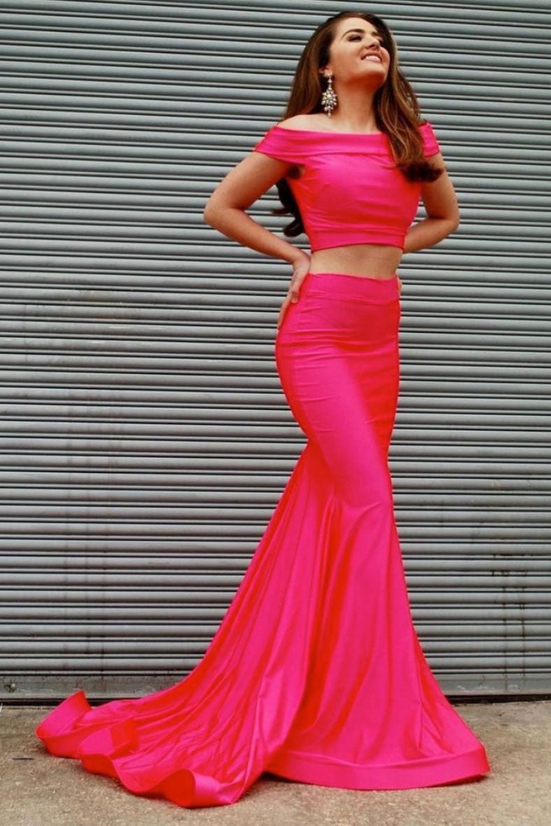 Simple pink two pieces satin mermaid long prom dress pink formal dress
