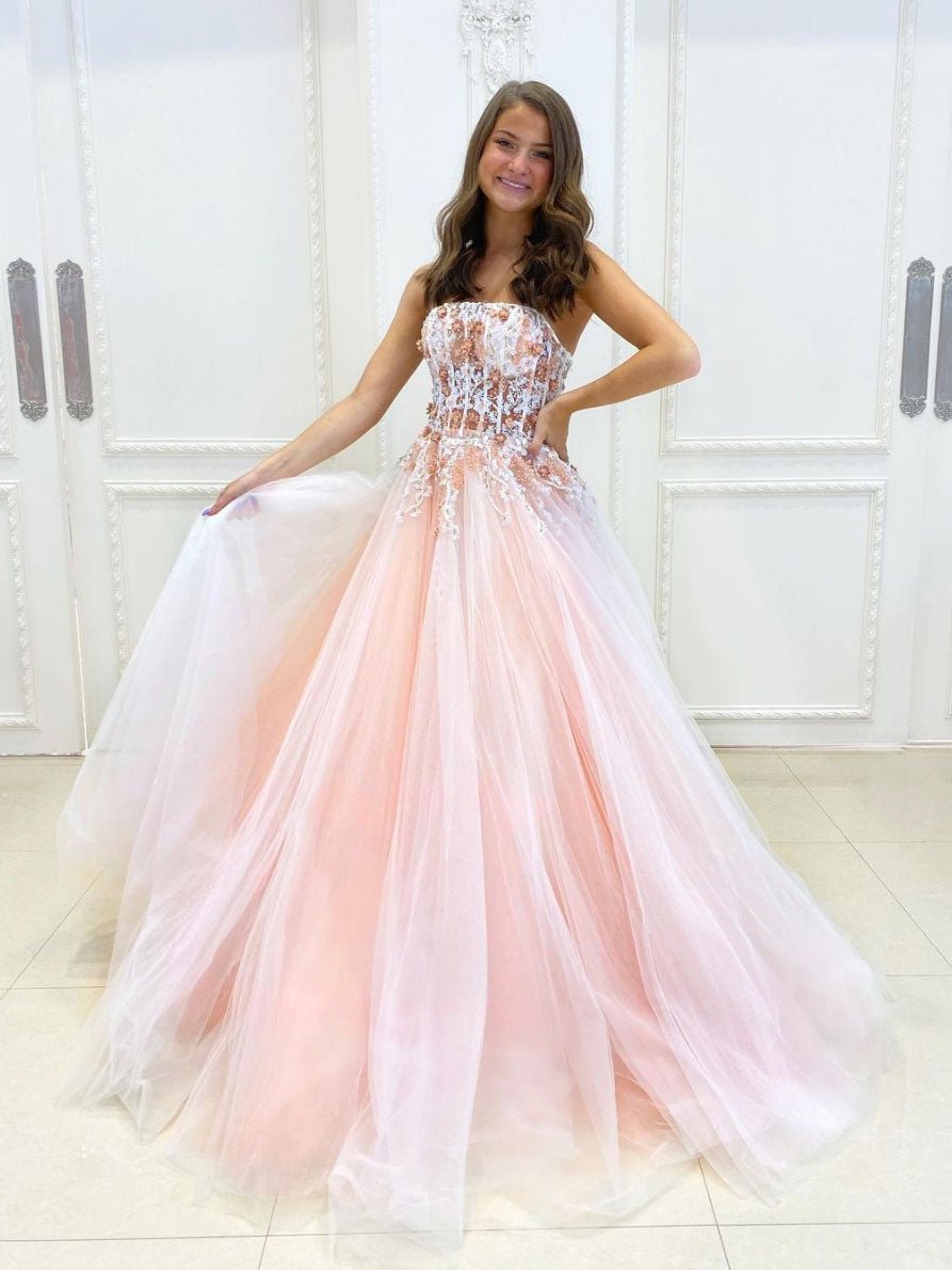 Pink A-line tulle lace long prom dress pink lace long evening dress