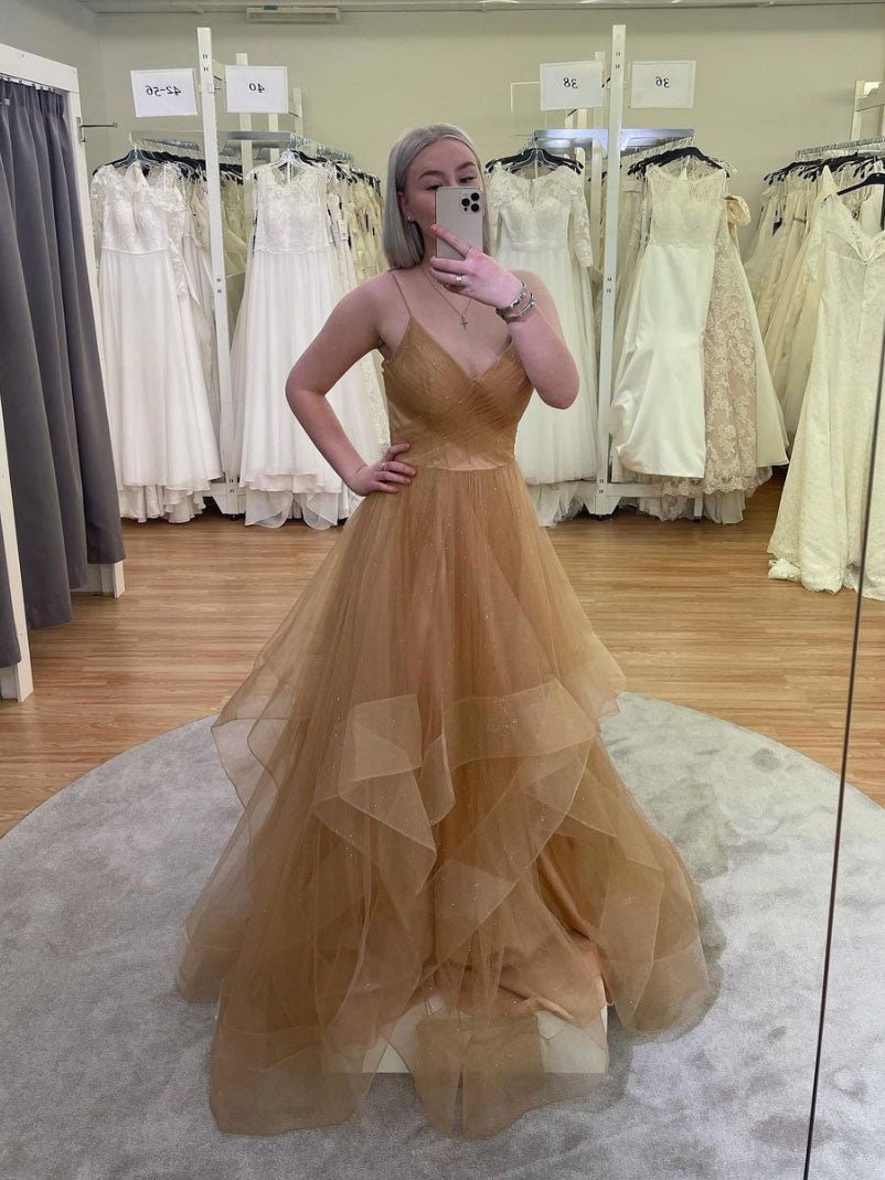 Gold v neck tulle sequin long prom dress gold evening dress