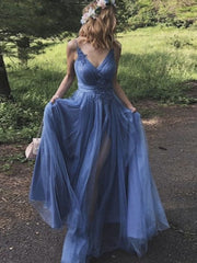 Simple v neck blue tulle long prom dress, blue tulle formal dress