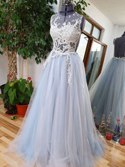 Blue round neck tulle lace long prom dress, blue tulle lace evening dress