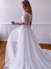 White lace tulle long prom dress, white lace tulle evening dress
