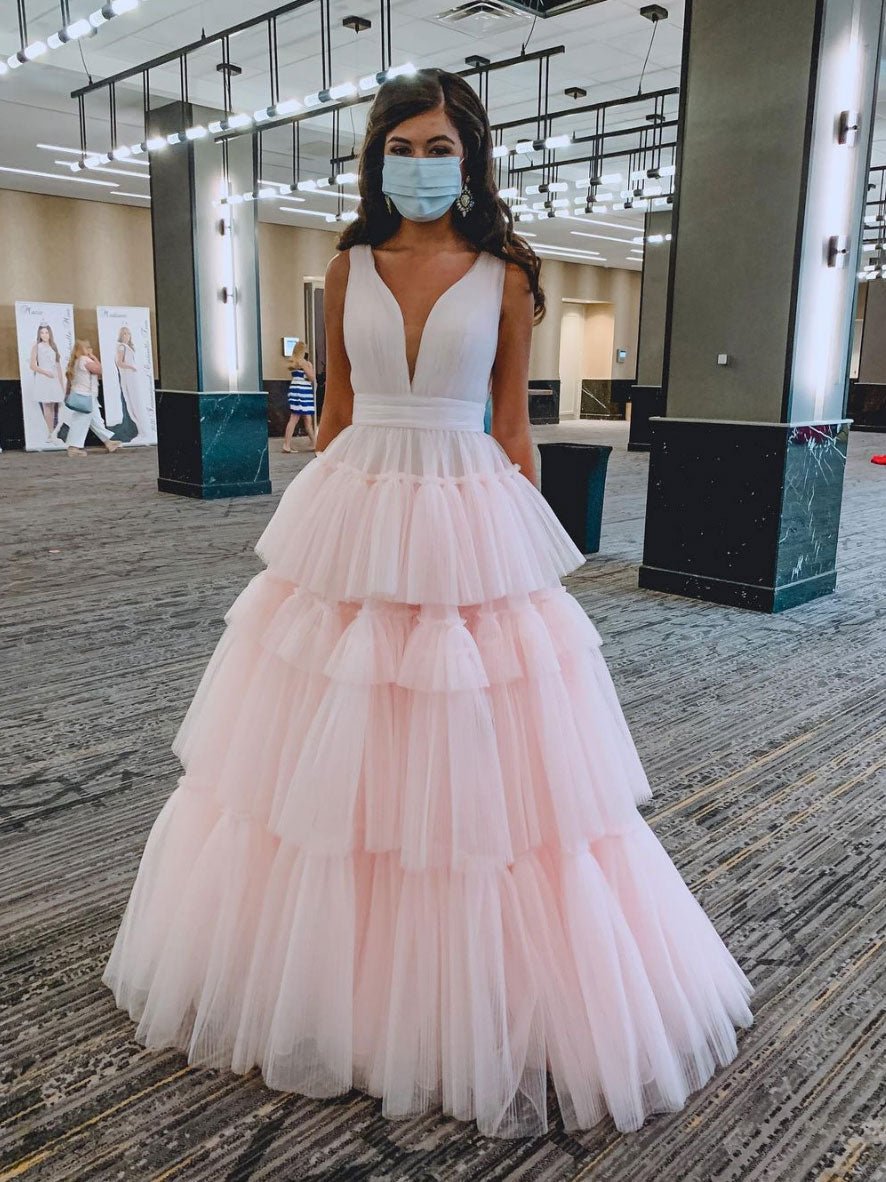 Pink v neck tulle long prom dress pink tulle formal dress