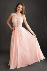 Pink round neck chiffon long prom dress lace pink evening dress
