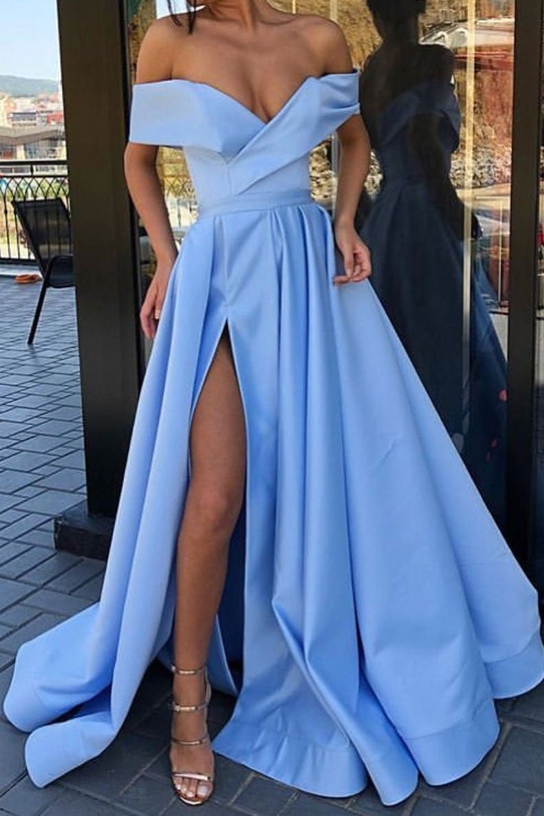 Simple blue off shoulder long prom dress blue bridesmaid dress