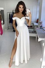 Simple white off shoulder satin long prom dress white evening dress