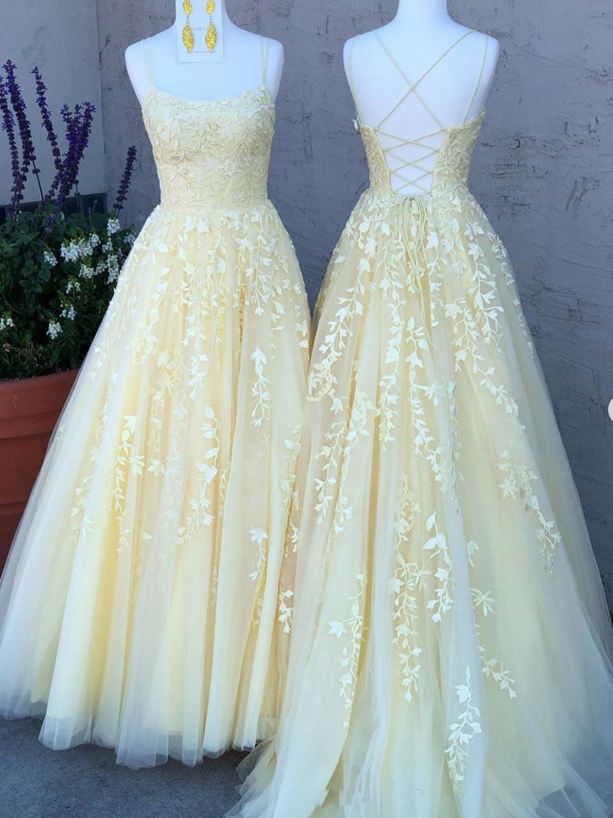 Yellow tulle lace long prom dress, yellow tulle lace formal dress