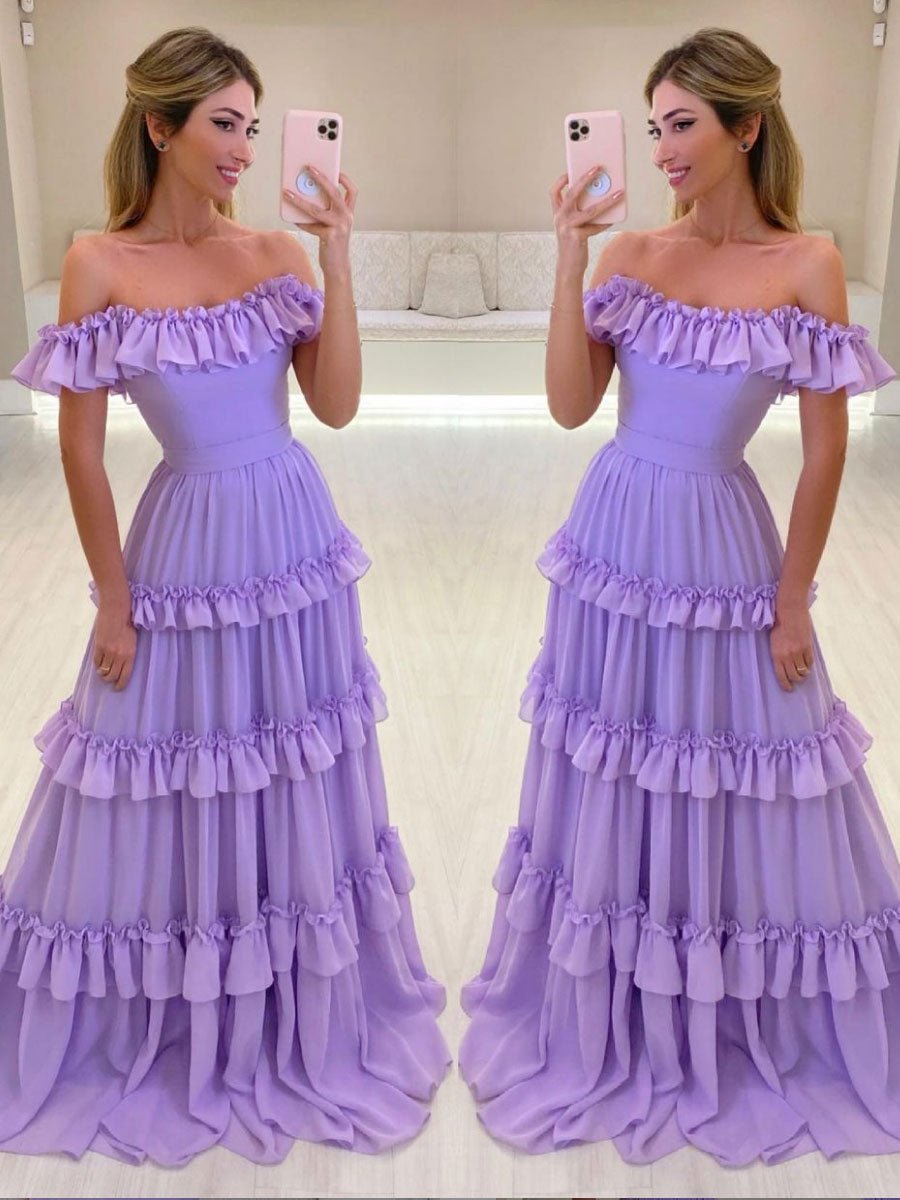 Purple chiffon long prom dress, purple evening dress