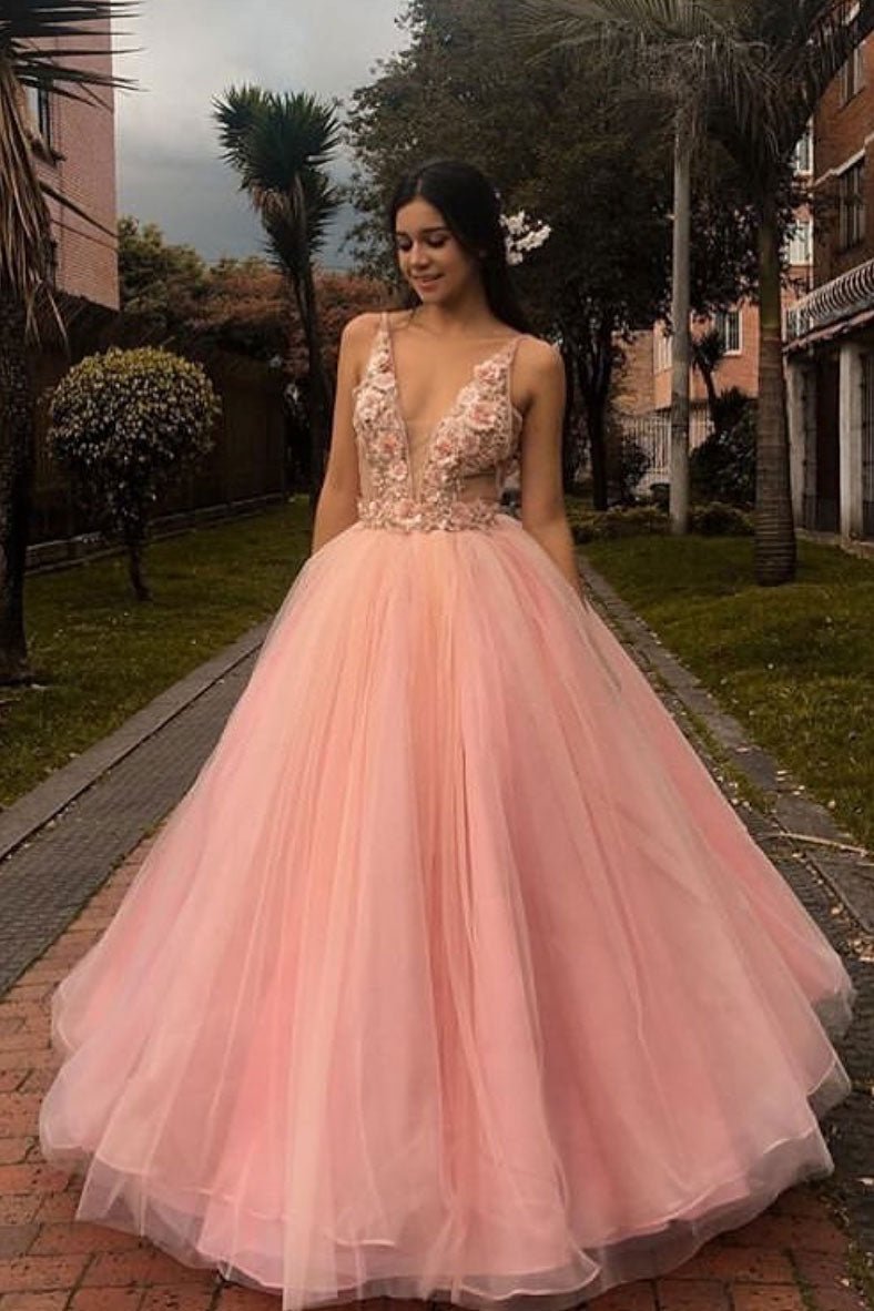 Pink v neck tulle lace applique long prom dress pink formal dress