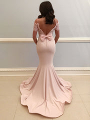 Pink lace satin mermaid long prom dress pink evening dress