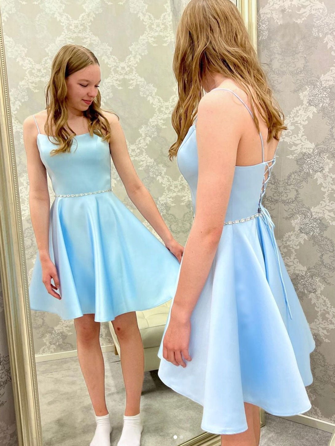 Blue  satin beads short prom dress, blue homecoming dress