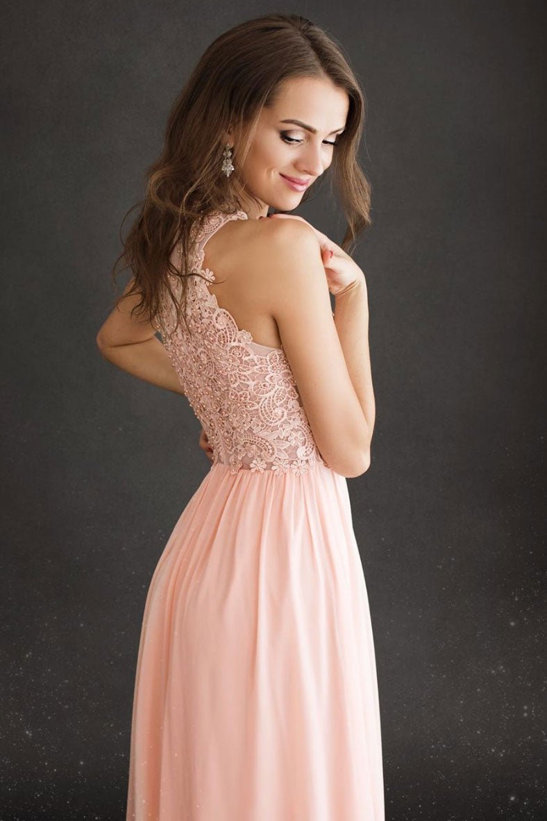 Pink round neck chiffon long prom dress lace pink evening dress