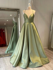 Simple green satin long prom dress, green bridesmaid dress