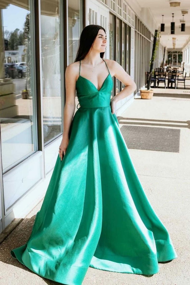 Green v neck satin long prom dress green long formal dress