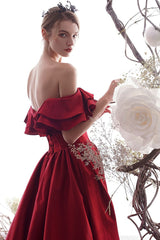 Simple red sweetheart satin long prom dress red bridesmaid dress
