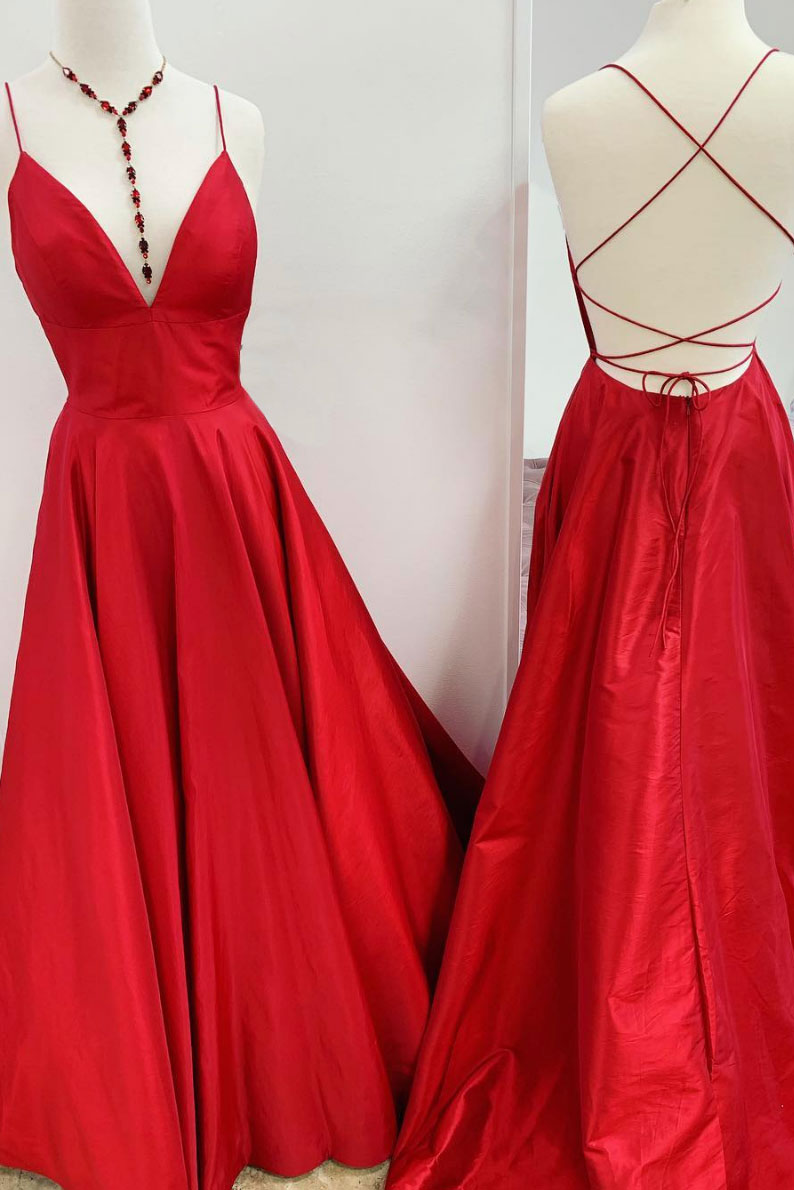 Red v neck backless satin long prom dress red evening dress