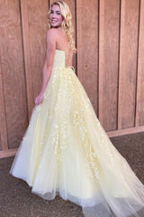 Yellow tulle lace long prom dress yellow evening dress