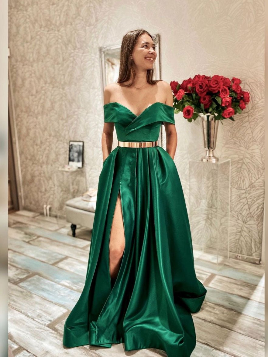 Simple green off shoulder satin  long prom dress, green evening dress