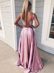 Pink lace two pieces long prom dress, pink lace evening dress