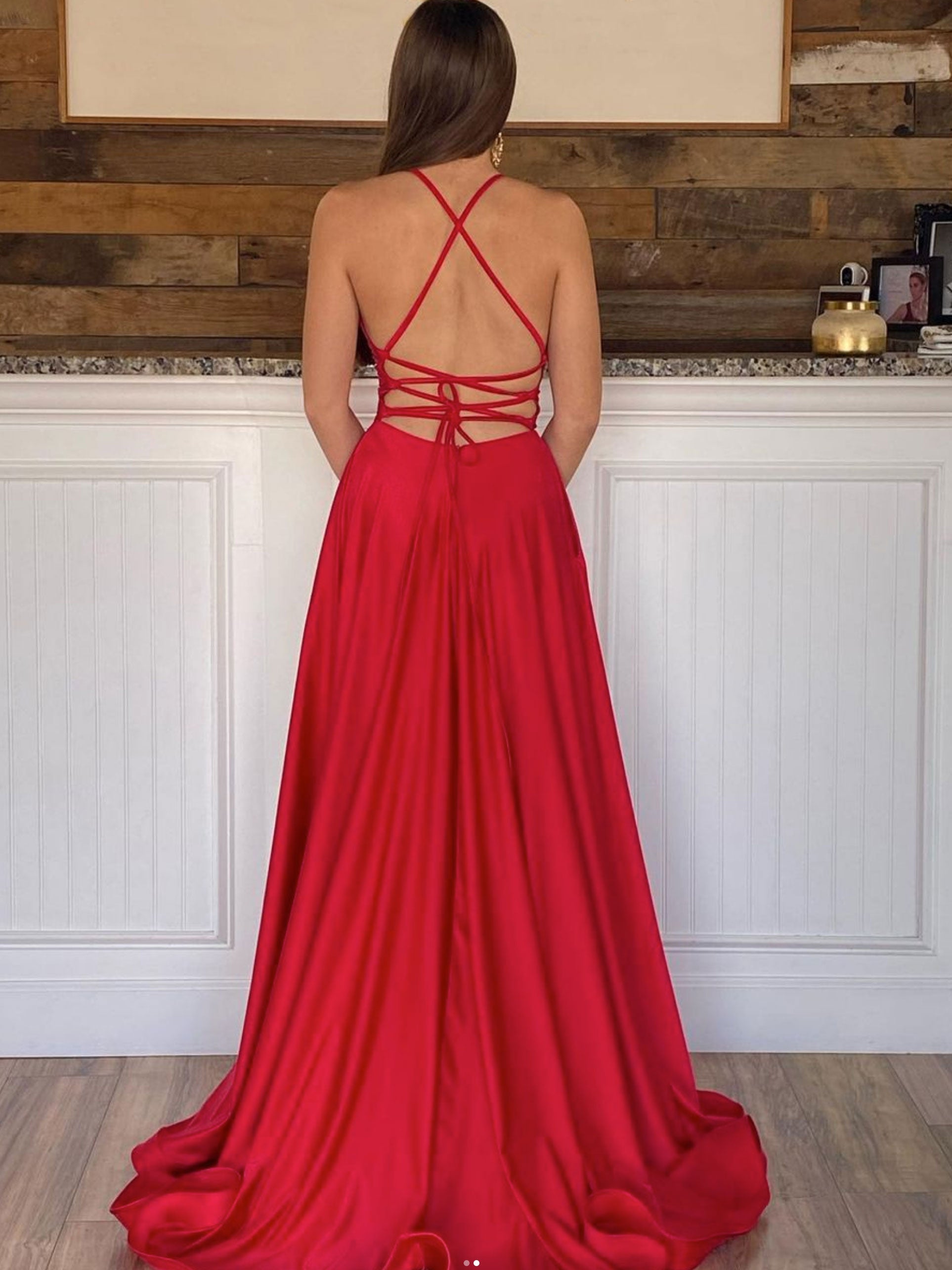 Simple red satin long prom dress, red evening dress
