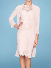 Two Piece Sheath / Column Mother of the Bride Dress Elegant Illusion Neck Knee Length Chiffon Lace 3/4 Length Sleeve with Sash / Ribbon Embroidery