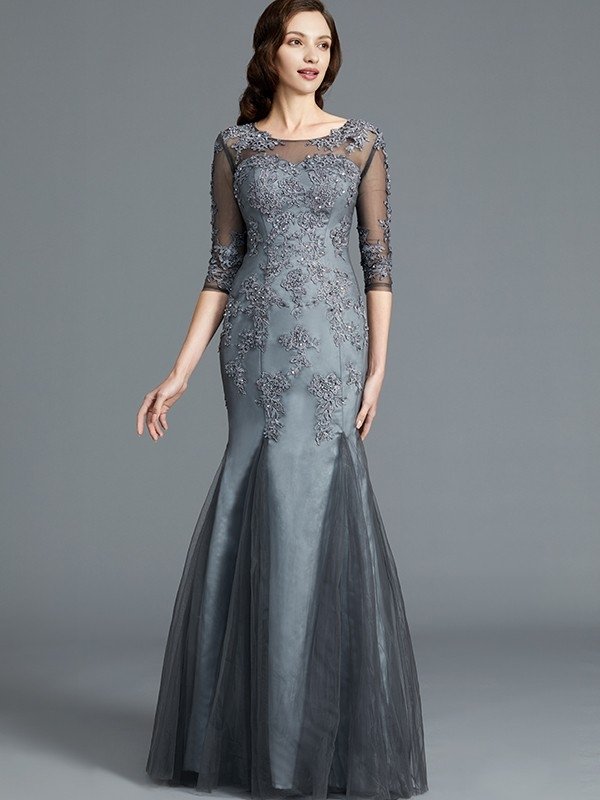 Sheath/Column Scoop Applique 1/2 Sleeves Tulle Floor-Length Mother of the Bride Dresses