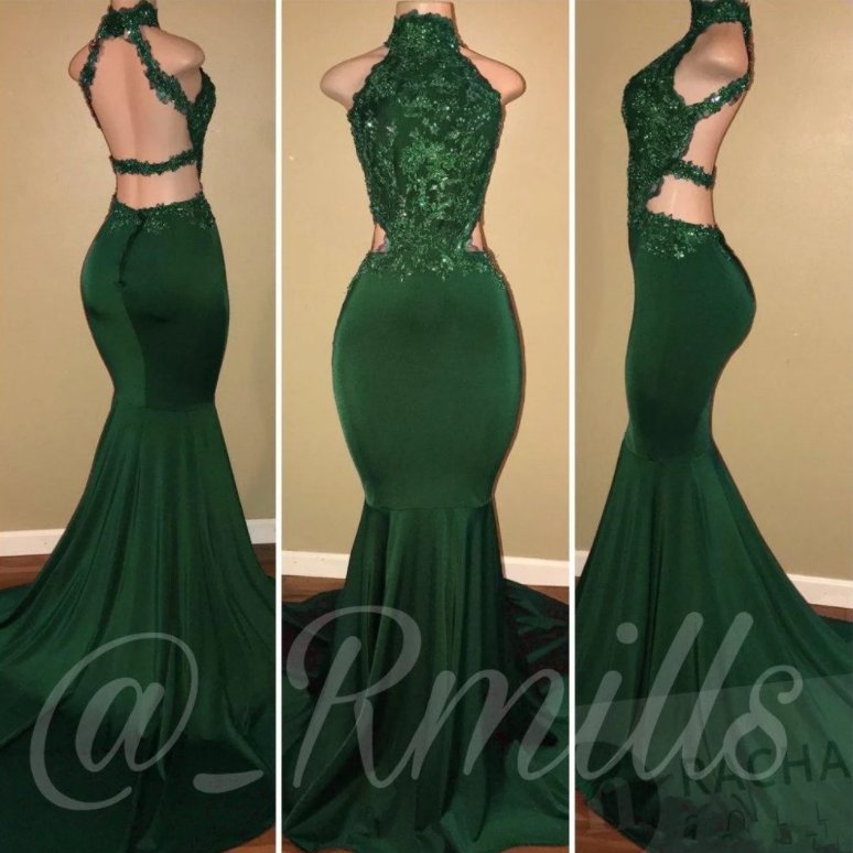 Green Robe De Soiree Mermaid High Collar Appliques Beaded Backless Long Women Party Prom Dresses Prom Gown Evening Dresses