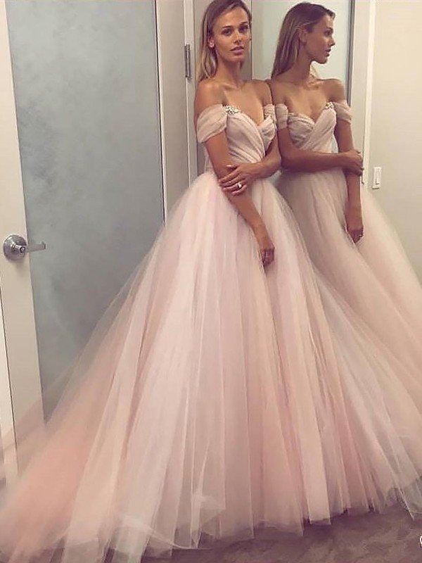 A-Line/Princess Sleeveless Off-the-Shoulder Tulle Beading Sweep/Brush Train Dresses