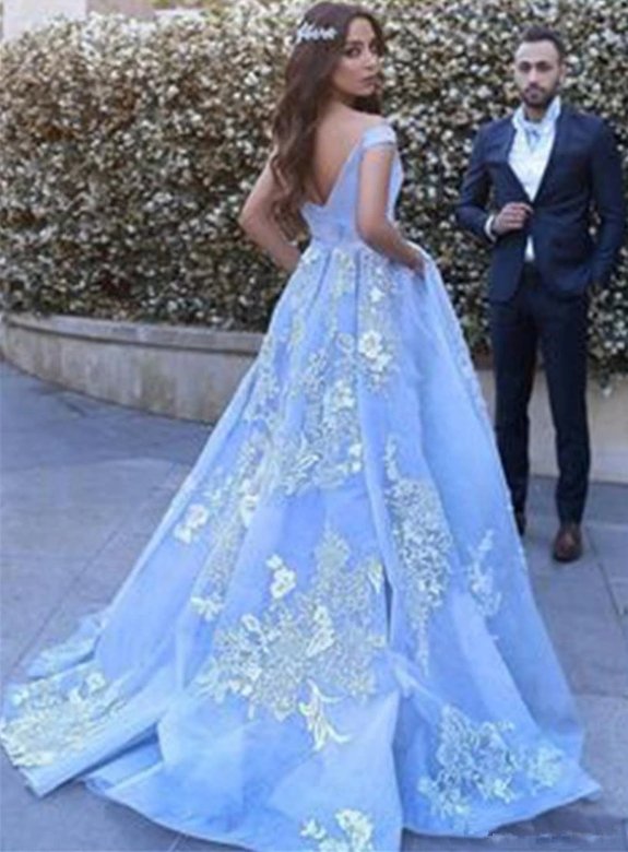 Sky Blue Robe De Soiree Ball Gown Off The Shoulder Tulle Lace Long Women Party Prom Dresses Prom Gown Evening Dresses