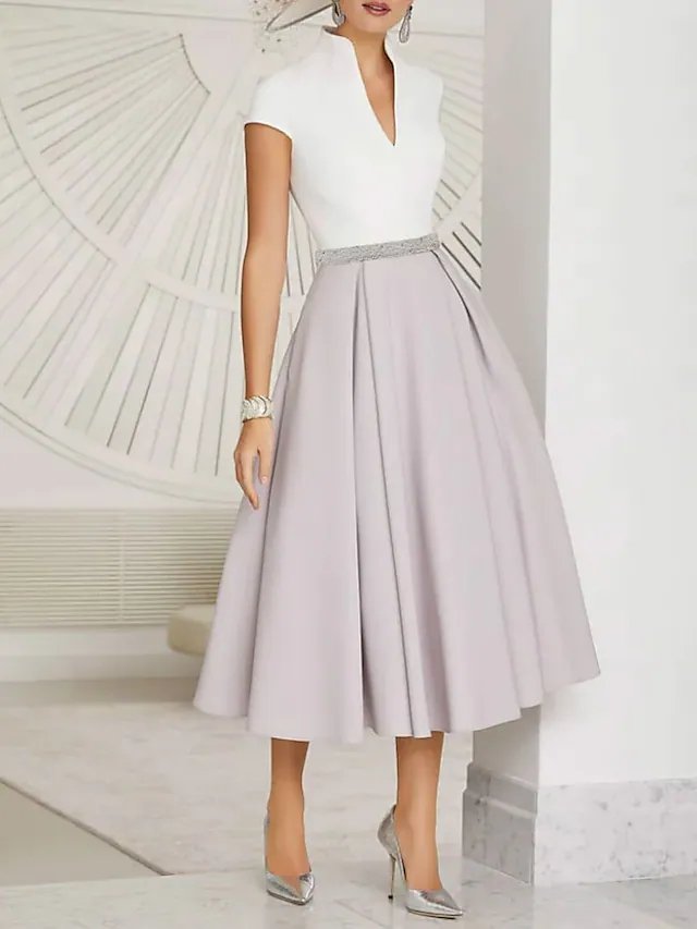 A-Line Mother of the Bride Dress Elegant Vintage V Neck Tea Length Stretch Fabric Short Sleeve with Sash / Ribbon Pleats