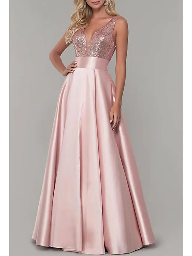 A-Line Sparkle Prom Formal Evening Dress V Neck Sleeveless Floor Length Satin with Pleats Sequin